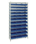 Heavy Duty Wire Shelving Stand With Twelve Beefy Shelves And Thirty Three Blue Bins Great For Garage Storage And Shop Organization, chrome frame, multiple blue bins.