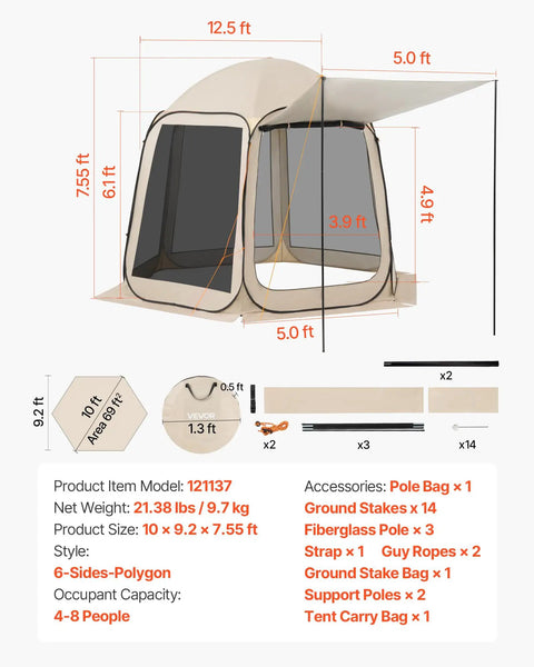 Big Pop Up Screen Tent 10x9.2 Ft With Awning Portable Gazebo dimensions and accessories shown for setup
