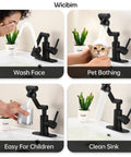 Matte Black Bathroom Sink Faucet In Stainless Steel With 1080 Degree Rotatable Swivel Spout, Single Handle Operation, Fits 1 Or 3 Hole Mount, Dual Water Outlet Modes With Hot And Cold Hoses, Easy Install And A Slick Modern Look. Matte black sink faucet shown for face washing, pet bathing, and sink cleaning.