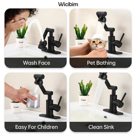 Matte Black Bathroom Sink Faucet In Stainless Steel With 1080 Degree Rotatable Swivel Spout, Single Handle Operation, Fits 1 Or 3 Hole Mount, Dual Water Outlet Modes With Hot And Cold Hoses, Easy Install And A Slick Modern Look. Matte black sink faucet shown for face washing, pet bathing, and sink cleaning.
