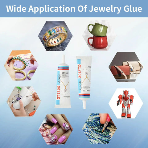 Clear Rhinestone Jewelry Glue For Jewelry Making, High Viscosity Bond, Waterproof, Ultra Strong Hold For Gems Pearls Metals And Ceramics, Semi Fluid Formula, Dries Clear, 2 Oz tubes with uses for rings, mugs, and nails in collage