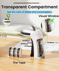 Sweet Vintage Embossing Label Maker With Rad 9Mm Tape Makes Knockout 3D Stickers For DIY Crafts And Organizer Nostalgic Retro Look Includes Starter Pack showing transparent compartment and tape.