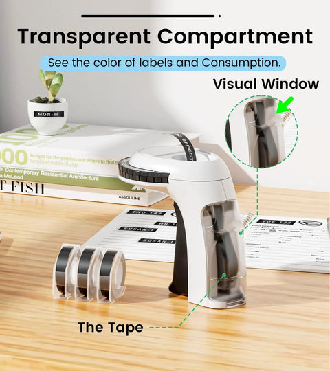 Sweet Vintage Embossing Label Maker With Rad 9Mm Tape Makes Knockout 3D Stickers For DIY Crafts And Organizer Nostalgic Retro Look Includes Starter Pack showing transparent compartment and tape.