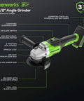 Image of 24V Brushless Cordless Angle Grinder With 4Ah USB Power Bank Battery And Charger, featuring 4.5 inch disc and aluminum gearbox.