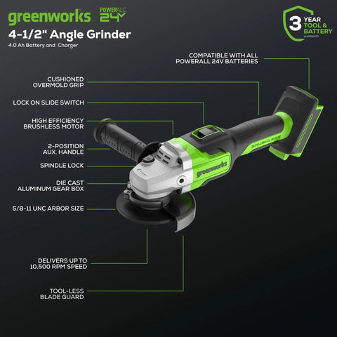 Image of 24V Brushless Cordless Angle Grinder With 4Ah USB Power Bank Battery And Charger, featuring 4.5 inch disc and aluminum gearbox.