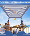 Family sitting under 8 X 8 Ft Pop Up Beach Canopy Tent For 6 To 8 People With UPF 50 Plus Sun Protection, striped design on beach.