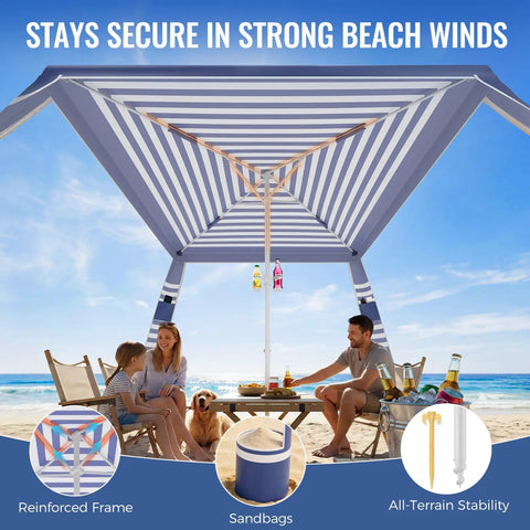 Family sitting under 8 X 8 Ft Pop Up Beach Canopy Tent For 6 To 8 People With UPF 50 Plus Sun Protection, striped design on beach.