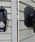 5 Pack Siding Mounting Blocks With Built In Electrical Box For Half Inch Vinyl Siding White Exterior Mounting Plate Kit For Lights Outlets And Cameras DIY Ready No Fuss Outdoor Fixture Mount showing two black wall-mounted lanterns on vinyl siding.