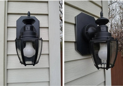 5 Pack Siding Mounting Blocks With Built In Electrical Box For Half Inch Vinyl Siding White Exterior Mounting Plate Kit For Lights Outlets And Cameras DIY Ready No Fuss Outdoor Fixture Mount showing two black wall-mounted lanterns on vinyl siding.