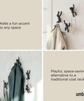Buddy Wall Hooks Set of 3 Fun, Cool, Decorative Wall Mounted Coat Hooks holding coats and bags in a playful style, black color.