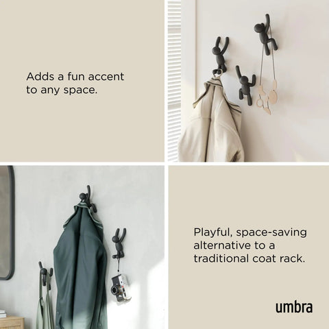 Buddy Wall Hooks Set of 3 Fun, Cool, Decorative Wall Mounted Coat Hooks holding coats and bags in a playful style, black color.