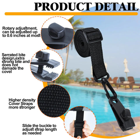 Upgraded Pool Solar Cover Reel Strap And Clip Kit featuring serrated teeth clamps and adjustable strap for large inground pools.