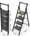 Diagram showing folded and expanded 4 Step Folding Ladder With 900 Lbs Capacity, Anti Slip Wide Pedals And Handrails, dimensions labeled.
