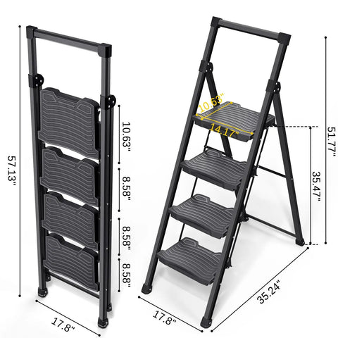 Diagram showing folded and expanded 4 Step Folding Ladder With 900 Lbs Capacity, Anti Slip Wide Pedals And Handrails, dimensions labeled.
