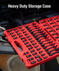 Red storage case with 84 professional-grade sockets from the 3/8 Inch Drive Impact Socket Set Master SAE And Metric With Long Mid And Stubby Lengths