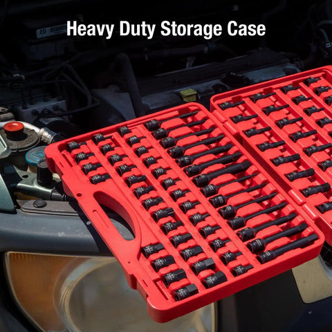 Red storage case with 84 professional-grade sockets from the 3/8 Inch Drive Impact Socket Set Master SAE And Metric With Long Mid And Stubby Lengths