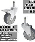4 Inch Swivel Stem Casters Set Built Tough Seven Sixteen Inch Stem Diameter 200 Lb Each With 2 Brakes And 2 Swivel TPR Rubber Wheels Replacement For Mop Buckets Carts Grills 4 Pack, steel and rubber construction with brake showing