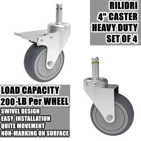4 Inch Swivel Stem Casters Set Built Tough Seven Sixteen Inch Stem Diameter 200 Lb Each With 2 Brakes And 2 Swivel TPR Rubber Wheels Replacement For Mop Buckets Carts Grills 4 Pack, steel and rubber construction with brake showing