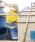 Heavy Duty Automatic Pallet Wrapping Machine With Wide Stretch Film Roll Wrapper, blue and yellow parts wrapped for transport.