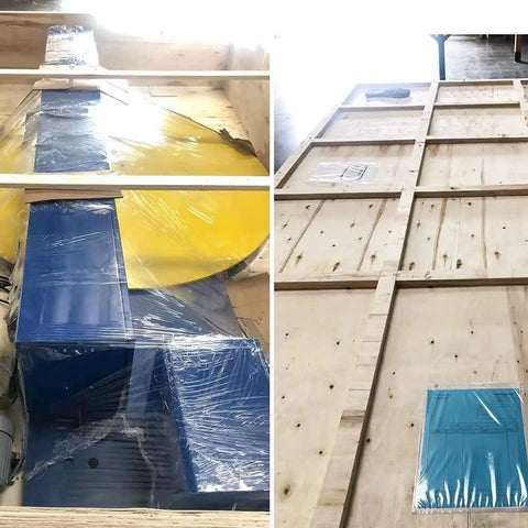 Heavy Duty Automatic Pallet Wrapping Machine With Wide Stretch Film Roll Wrapper, blue and yellow parts wrapped for transport.