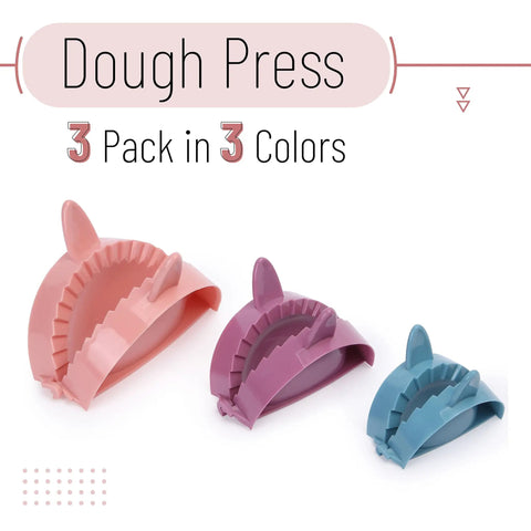 Three Size Dough Press Set In Vibrant Colors For Dumplings Empanadas Pastries Turnovers Hand Pies And Meat Pies Three Pack Dumpling Press Molds With Easy Grip Handles For Even Perfect Pressing And Fun Kitchen Creations in three vibrant colors showing all three sizes of the press