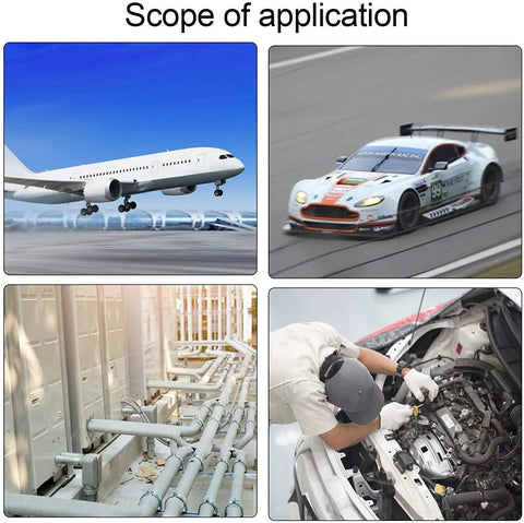 Images of aircraft, race car, machinery, and mechanic working on vehicle, illustrating use for 6 Inch Safety Wire Pliers With 50 Ft Wire.
