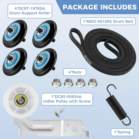 Samsung Dryer Repair Kit With DC97-16782A Drum Roller Assembly 6602-001655 Drive Belt And DC93-00634A Idler Pulley contents