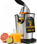 Lifetime 200 Watt Stainless Steel Electric Citrus Juicer With Lever Press Bpa Free 10 Oz Juice Cup producing fresh orange juice.