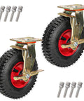 Heavy Duty Rubber Caster Wheels With Swivel Brake Plate Shock Absorbing Industrial Cart Replacement Tires Roll Smoother Than Silk Over Bumps For Tool Chest Furniture DIY Stands And Heavy Load Hauling close-up with metal mount and screws.