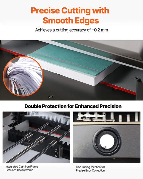 Electric Hydraulic Paper Cutter Built For Busy Print Shops And Mailrooms, Beefy Heavy Duty High Volume Cutter With A 26 Inch Cutting Width And 80 Mm Depth, 7 Inch Touchscreen Control Delivers Precise Fast Trimming Of Up To 800 Sheets In One Pass. showing paper stack and fine-tuning mechanism
