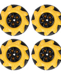 48mm mecanum wheels for DIY robotics, yellow and black, two pairs, omni-directional movement, rubber coated for strong grip in STEM projects