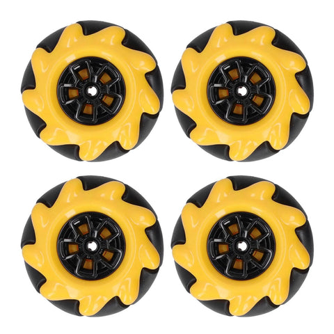48mm Mecanum wheels for DIY robots in yellow and black, set of four high-quality wheels with rubber grip for smart robot car projects.