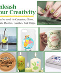Collage showcasing uses of Clear Waterslide Decal Paper For Laser Printers, 8.5x11, 25 Sheets on various surfaces like mugs and candles.