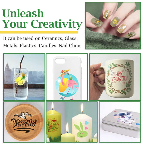 Collage showcasing uses of Clear Waterslide Decal Paper For Laser Printers, 8.5x11, 25 Sheets on various surfaces like mugs and candles.