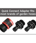 Heavy Duty Metal Garden Hose Nozzle With Grip Friendly Thumb Control And Quick Connect 7 Adjustable Patterns shown with adapters