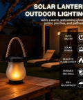 Solar Lantern Outdoor Lights With Realistic Dancing Flame Effect for Camping and Patio Use on table in garden scene