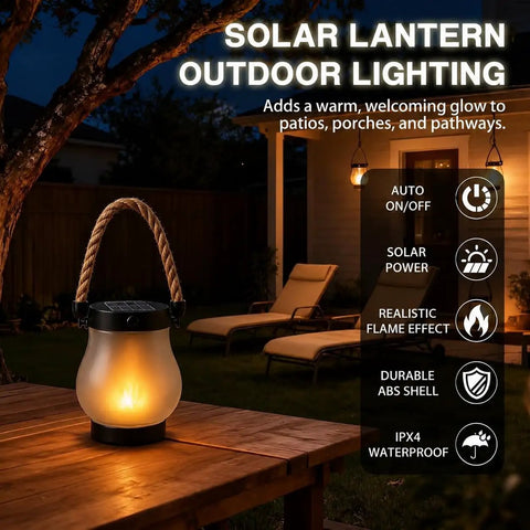 Solar Lantern Outdoor Lights With Realistic Dancing Flame Effect for Camping and Patio Use on table in garden scene