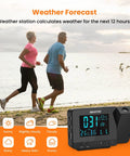 Digital Projection Alarm Clock With Weather Station And Indoor Outdoor Thermometer For Bedrooms USB Charger AC Or Battery Powered Bedroom Friendly All In One Time And Temperature Projection showing weather forecast and running people
