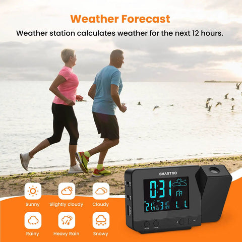 Digital Projection Alarm Clock With Weather Station And Indoor Outdoor Thermometer For Bedrooms USB Charger AC Or Battery Powered Bedroom Friendly All In One Time And Temperature Projection showing weather forecast and running people