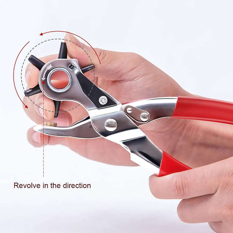 Hands adjusting beefy leather hole puncher workhorse with six punch sizes for belts, easy to use adjustable durable punch tool.