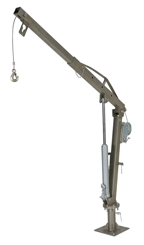 Rock Solid Stainless Steel Truck Mount Davit Crane Boasting Four Foot Telescopic Boom with hook and manual winch rig.