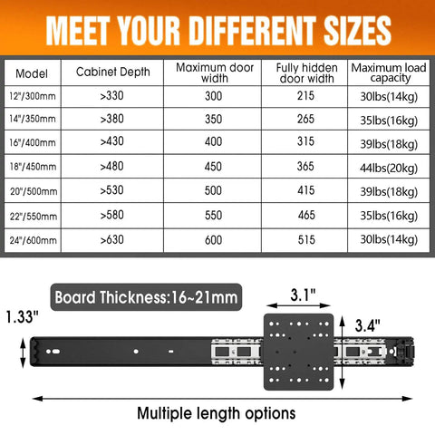 Size chart and steel track for 22 Inch Pocket Door Slides Easy Install Kit With Soft Close Magnetic Catch For Hidden Cabinet Doors.