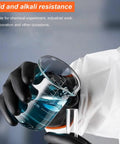 Heavy Duty Chemical Resistant Rubber Gloves 22 Inch Xl Natural Latex Industrial Work Grade in use holding a beaker.
