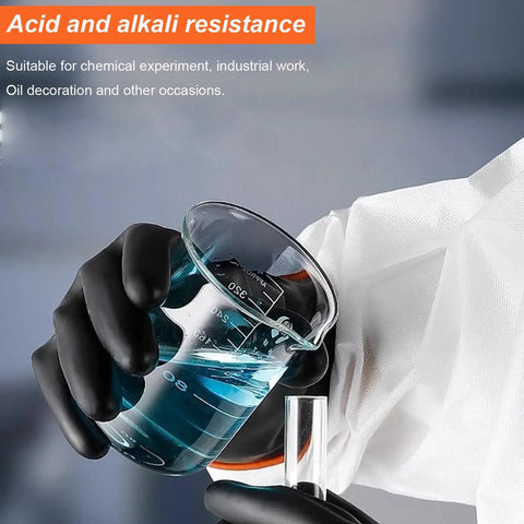 Heavy Duty Chemical Resistant Rubber Gloves 22 Inch Xl Natural Latex Industrial Work Grade in use holding a beaker.