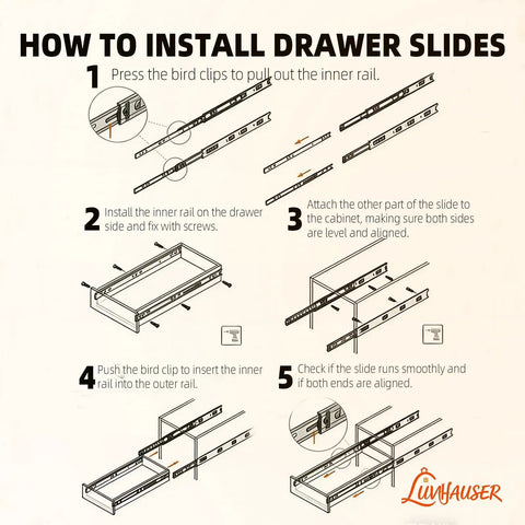 2 Pairs Soft Close Drawer Slides 10 Inch Heavy Duty Side Mount Full Extension Rails With Screws For Kitchen Cabinets 100Lb Capacity Anti Rust Long Lasting Silver Drawer Runners installation guide diagram
