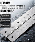 Image of a 2 Pack 48 Inch 3 Wide Stainless Steel Piano Hinge Heavy Duty Continuous Hinge with water droplets, showing durability features.