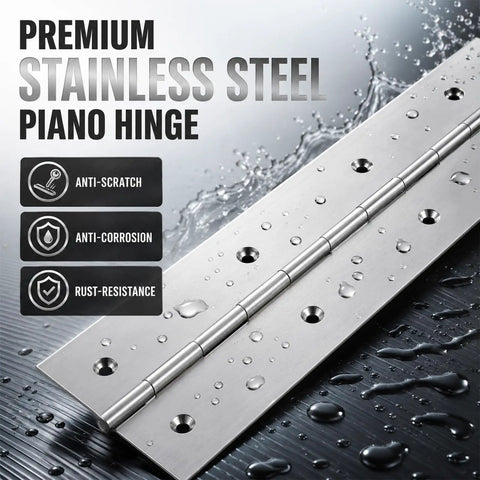 Image of a 2 Pack 48 Inch 3 Wide Stainless Steel Piano Hinge Heavy Duty Continuous Hinge with water droplets, showing durability features.