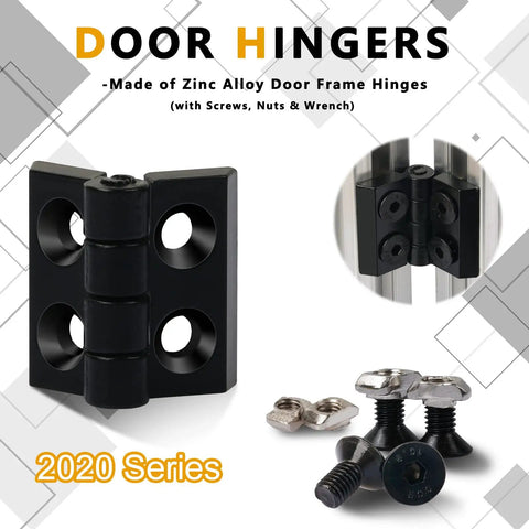 Two Sets Door Handle And Frame Hinges Install Kit For 20x20 Aluminum Extrusion Profile Slot 6mm Includes 4 Zinc Alloy Hinges And 2 Aluminum Handles With T Nuts Hex Screws And Wrench Easy Install Ready To Roll display of zinc alloy hinges and screws