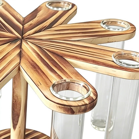 Top view of Eight Tube Wood Stand Glass Test Tube Planter Set With Hydroponic Water Station showing wooden star-shaped base.