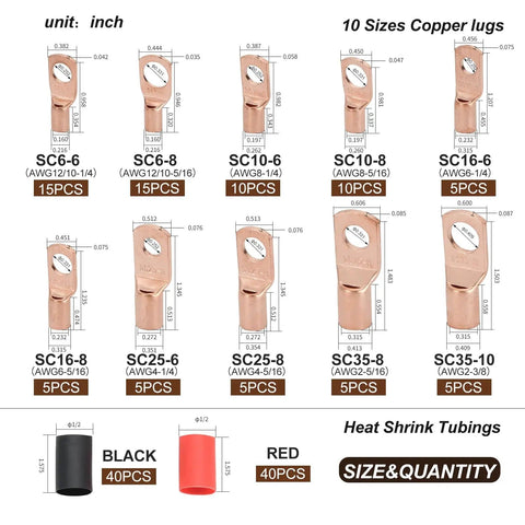 Thickened Copper Wire Lugs Kit with 10 sizes and heat shrink tubing, heavy duty battery cable ends for AWG 2-12 gauge, marine grade.